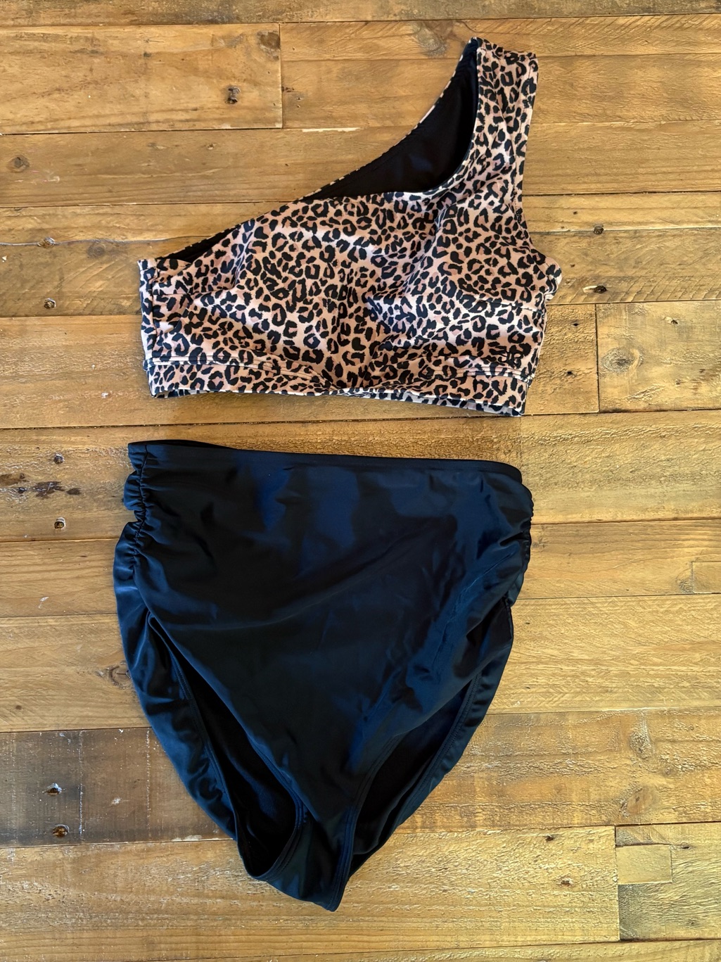 Albion Fit Bikini Set, Leopard Print Top + Black Bottoms - Small